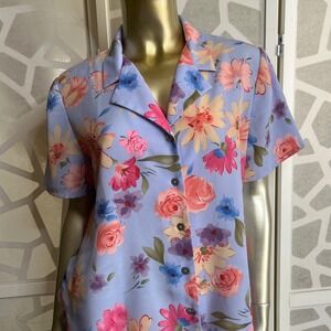 VTG Laura Scott Floral Blouse Womens 12 Blue Pink Flower Short Sleeve Button Up